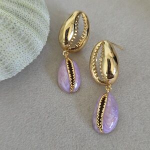 Gold with Purple Enamel Cowrie Shell Design Drop Earrings